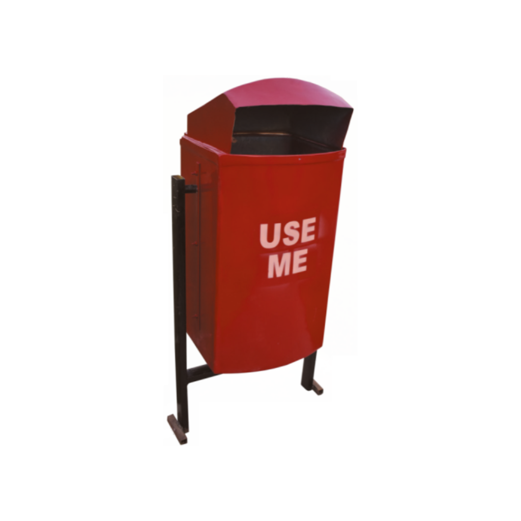 A red trash can with the words "USE ME" written on it.