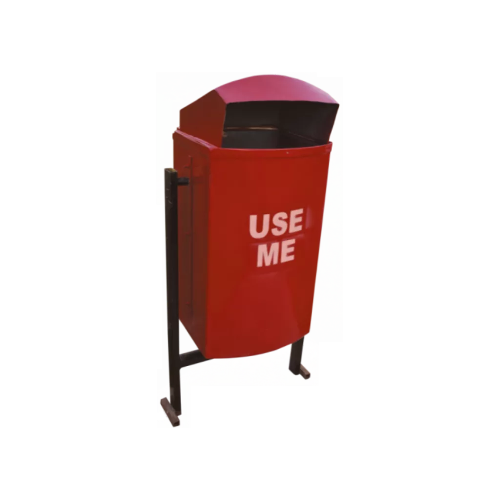 A red trash can with the words "USE ME" written on it.