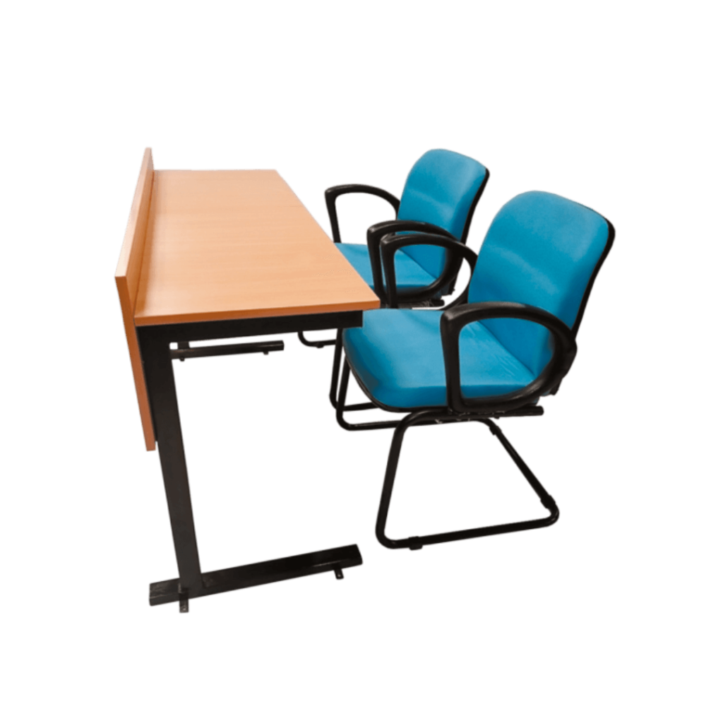 A blue and yellow desk and chairs