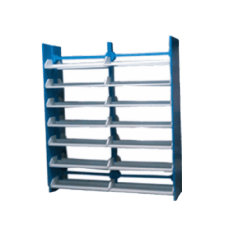 Image of a blue and white shelf with lots of shelves
