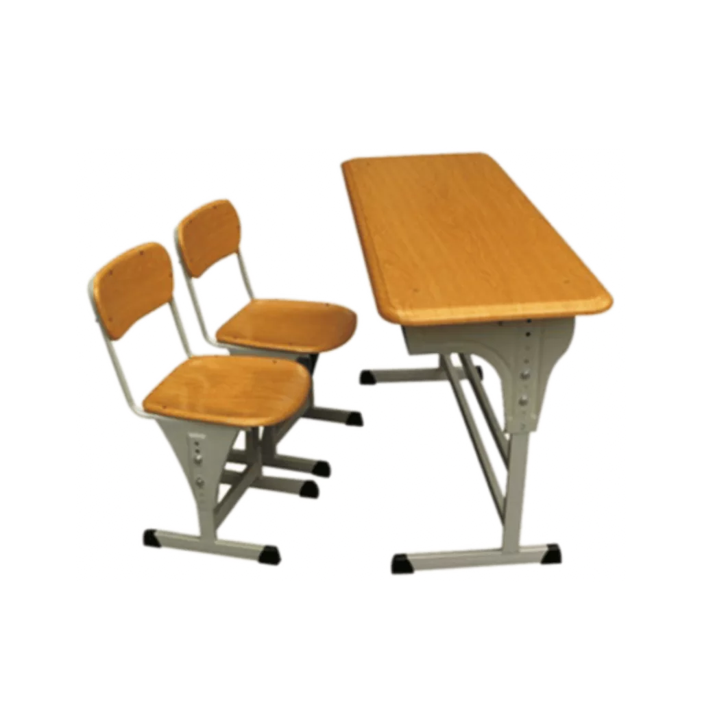 A classroom setting with a wooden desk and two chairs.