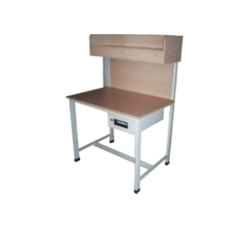 Image of a wooden desk with a drawer and shelf underneath
