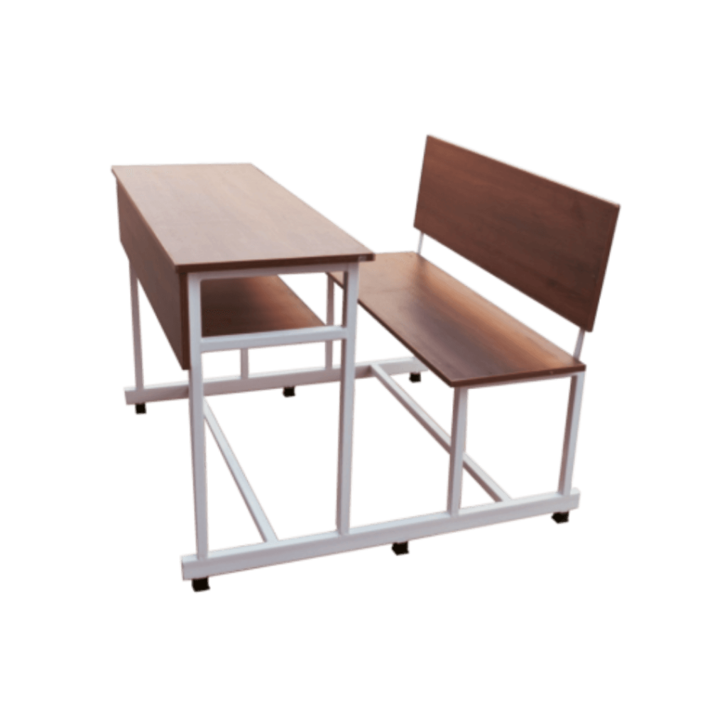 A wooden school desk and bench