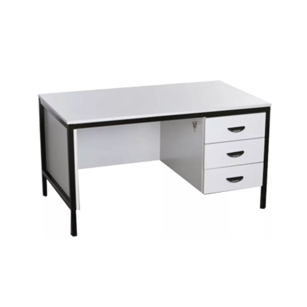 A white desk with four drawers and a black frame