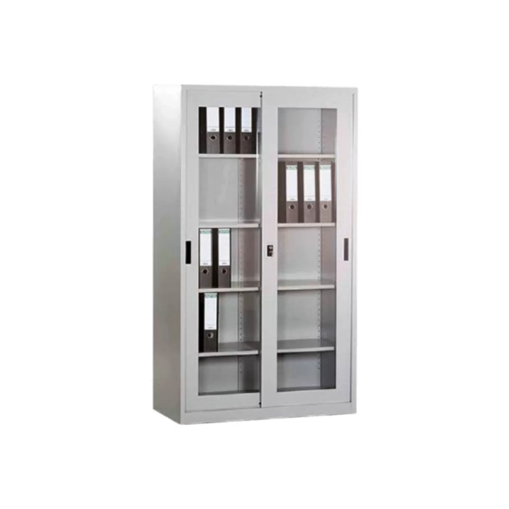 A metal cabinet with the brand Pan Steel Filing Cupboard With Glass Sliding Door visible.