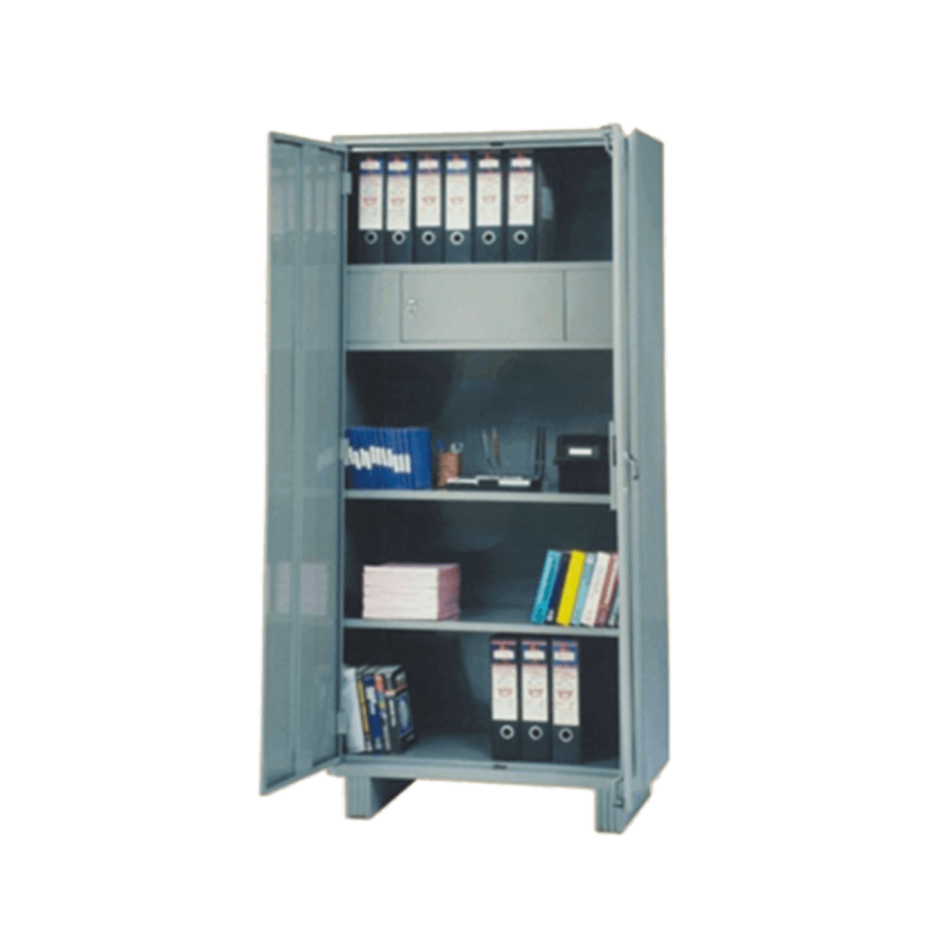 A metal cabinet with three shelves