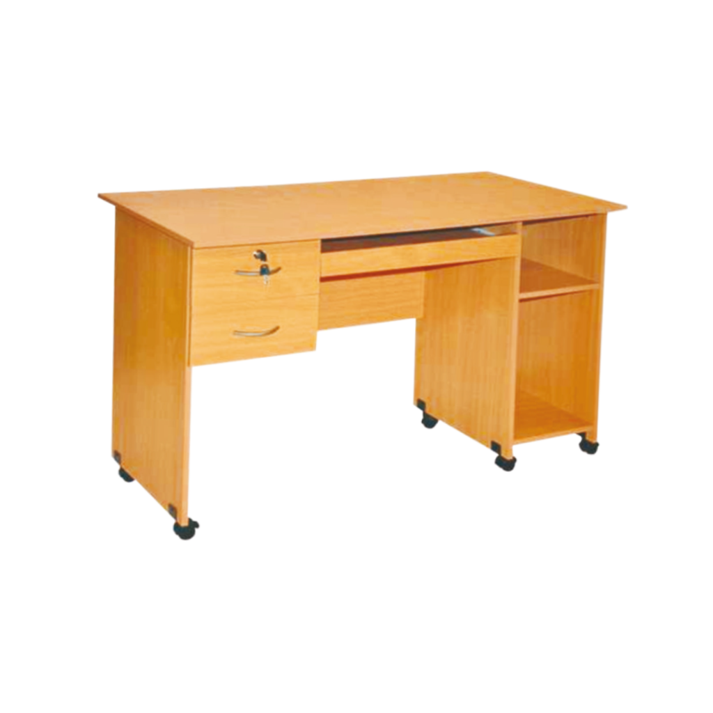A wooden desk with a black base and a wooden top