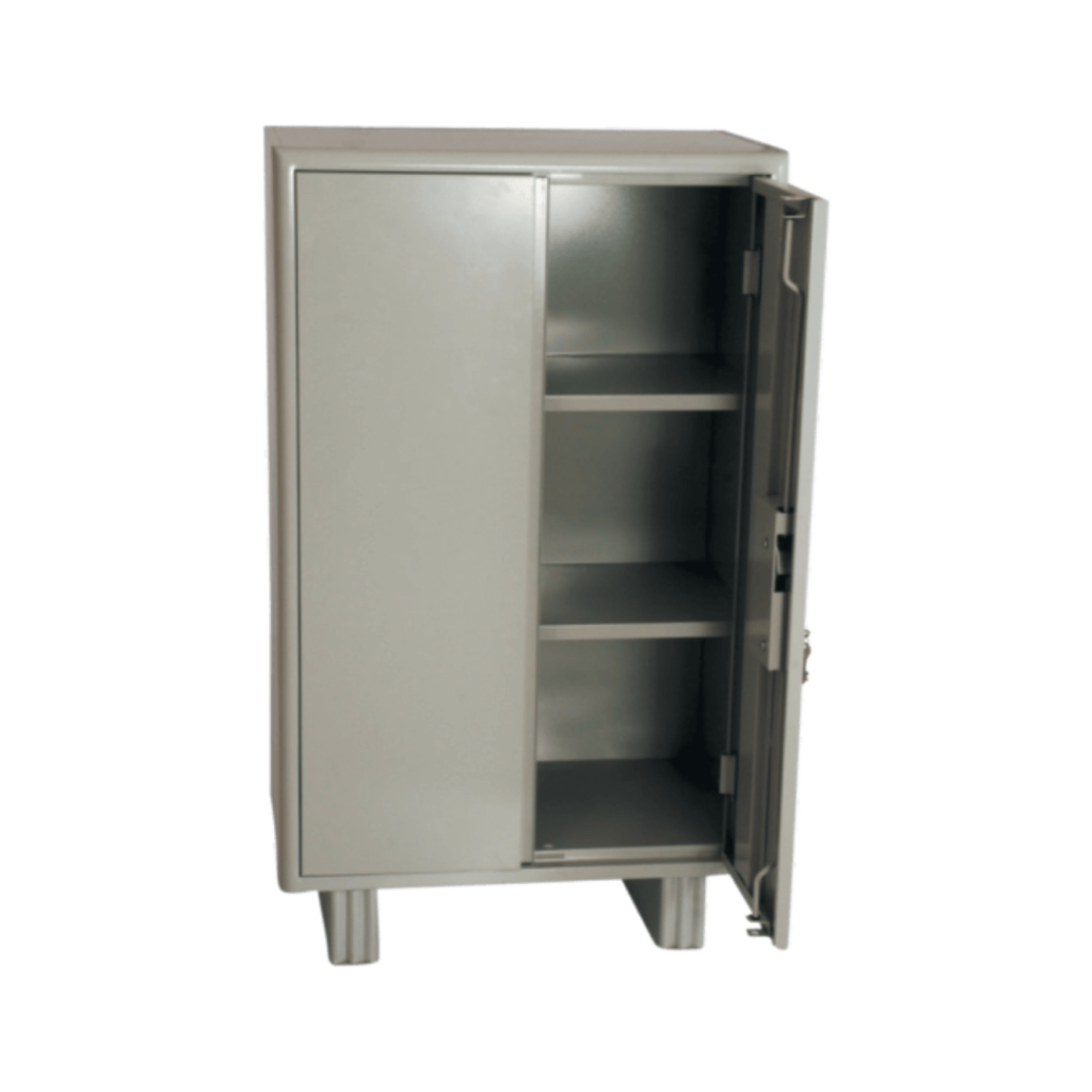 A metal cabinet with a door open and shelves