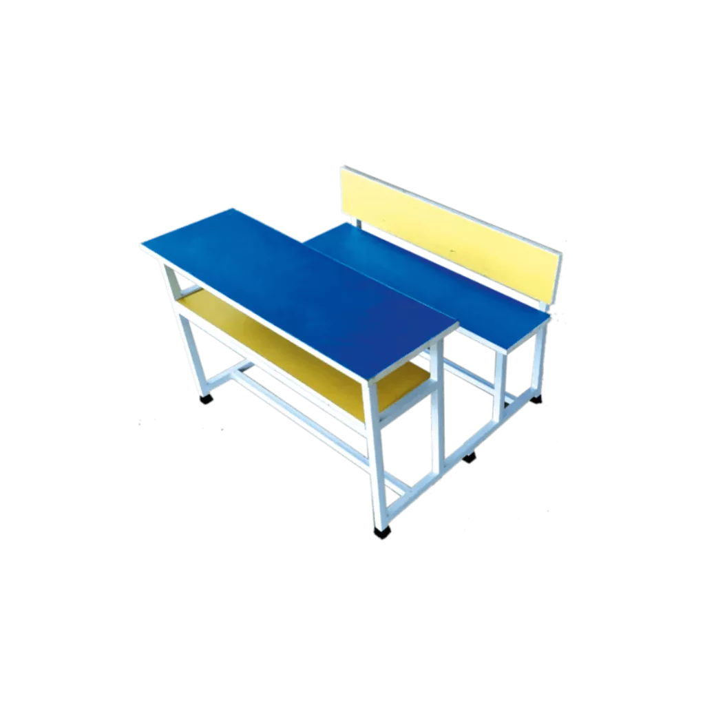 A blue desk and yellow bench in a classroom setting.