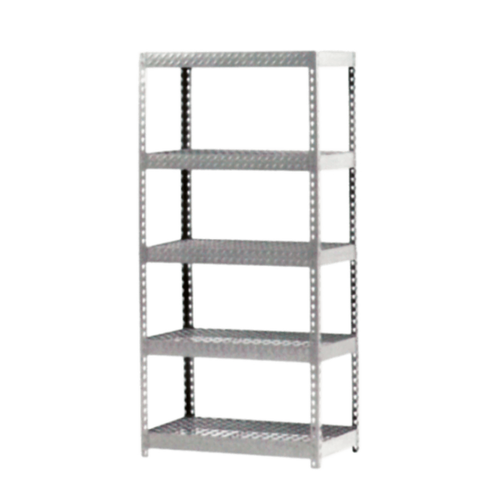 A white metal shelf with four shelves