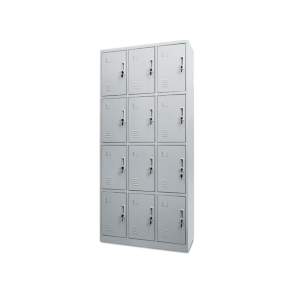 A metal locker with a number of compartments.