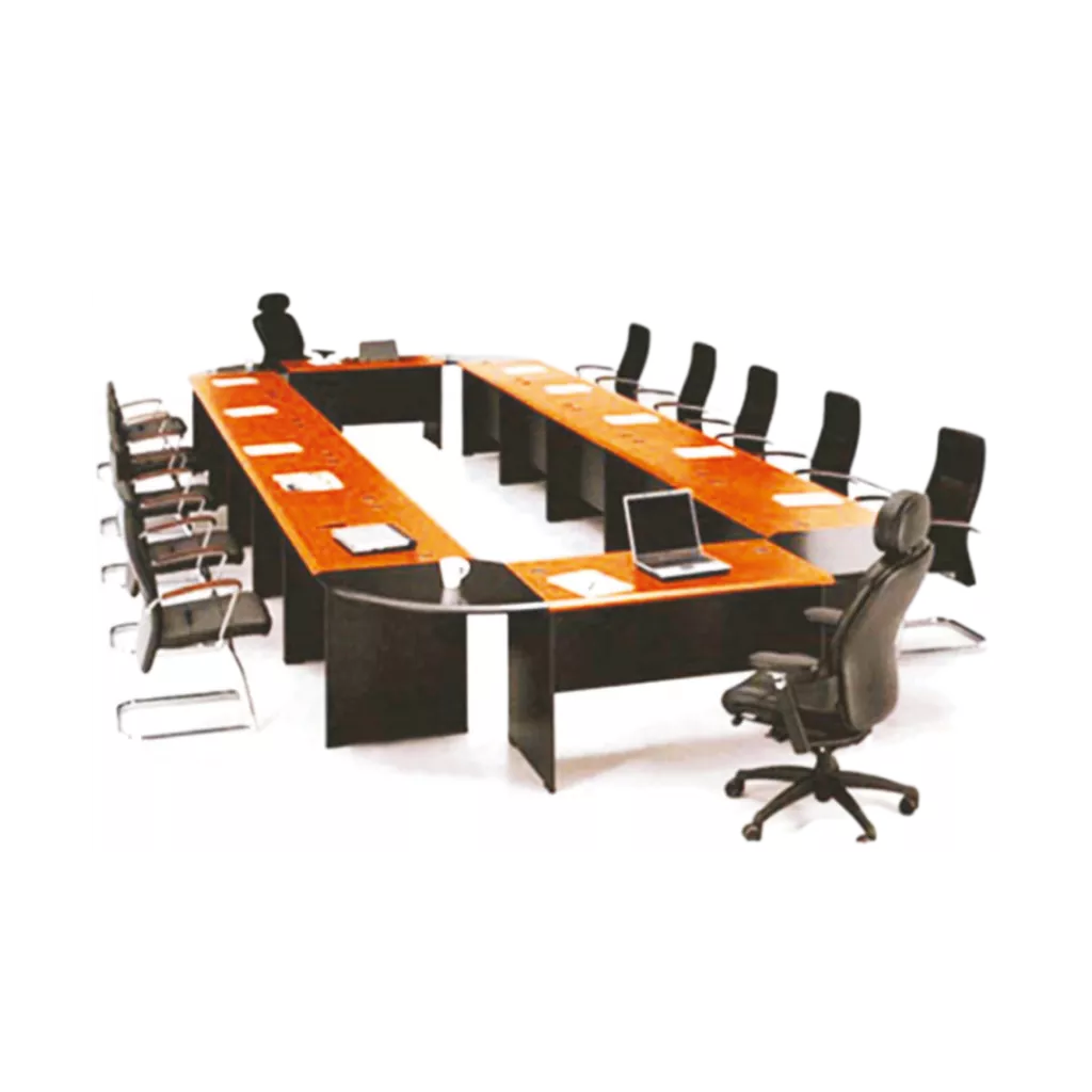 A drawing of a conference room with tables and chairs