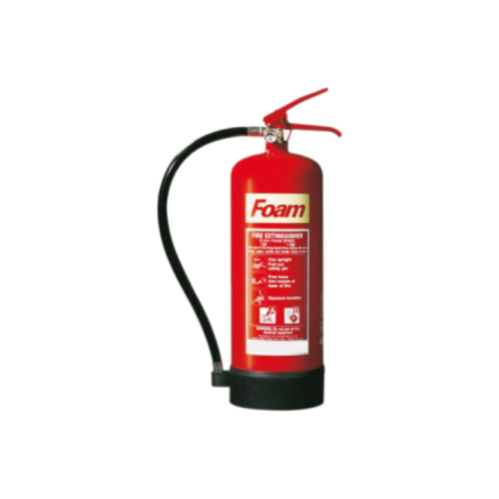 A red fire extinguisher with a black handle