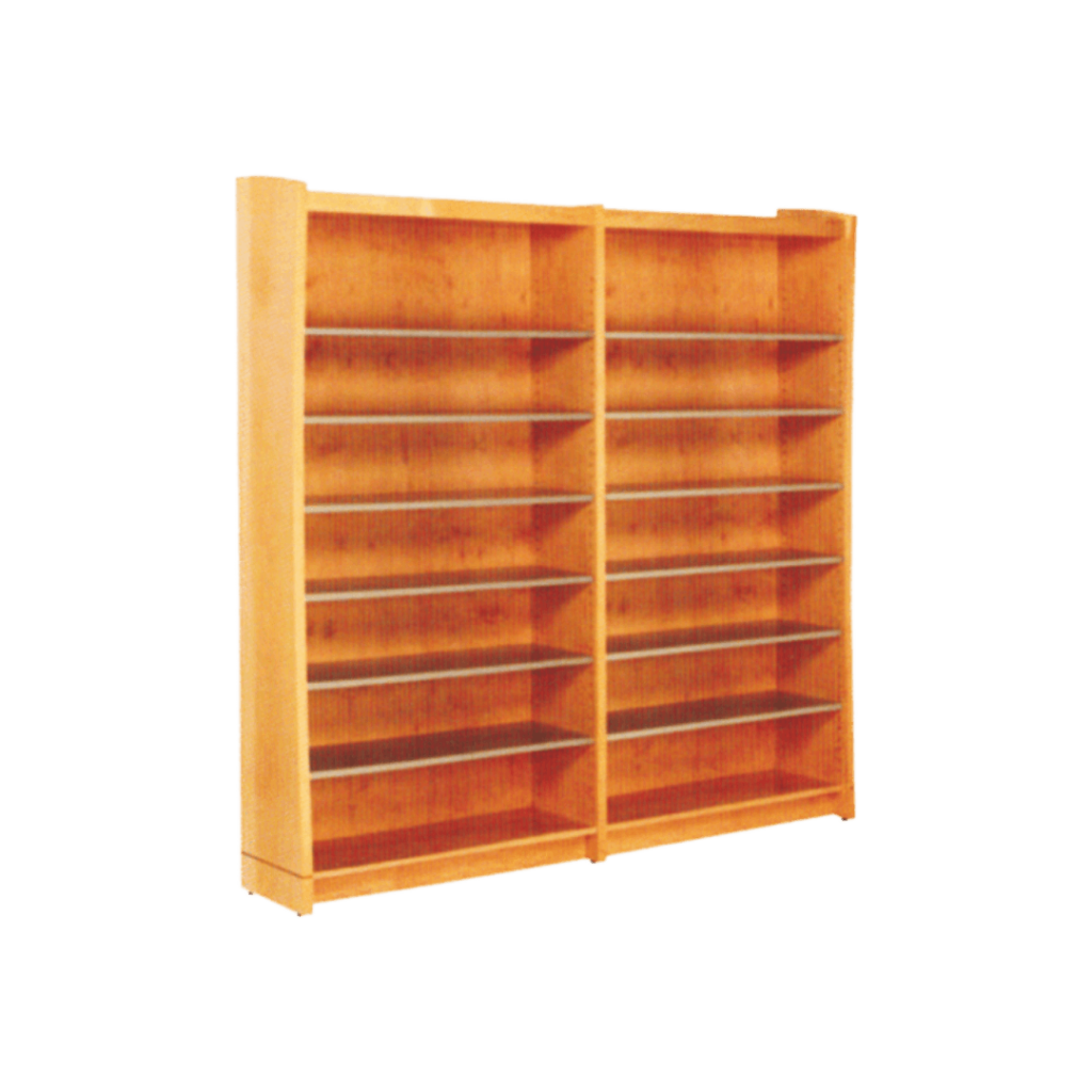Image of a wooden bookshelf with lots of shelves