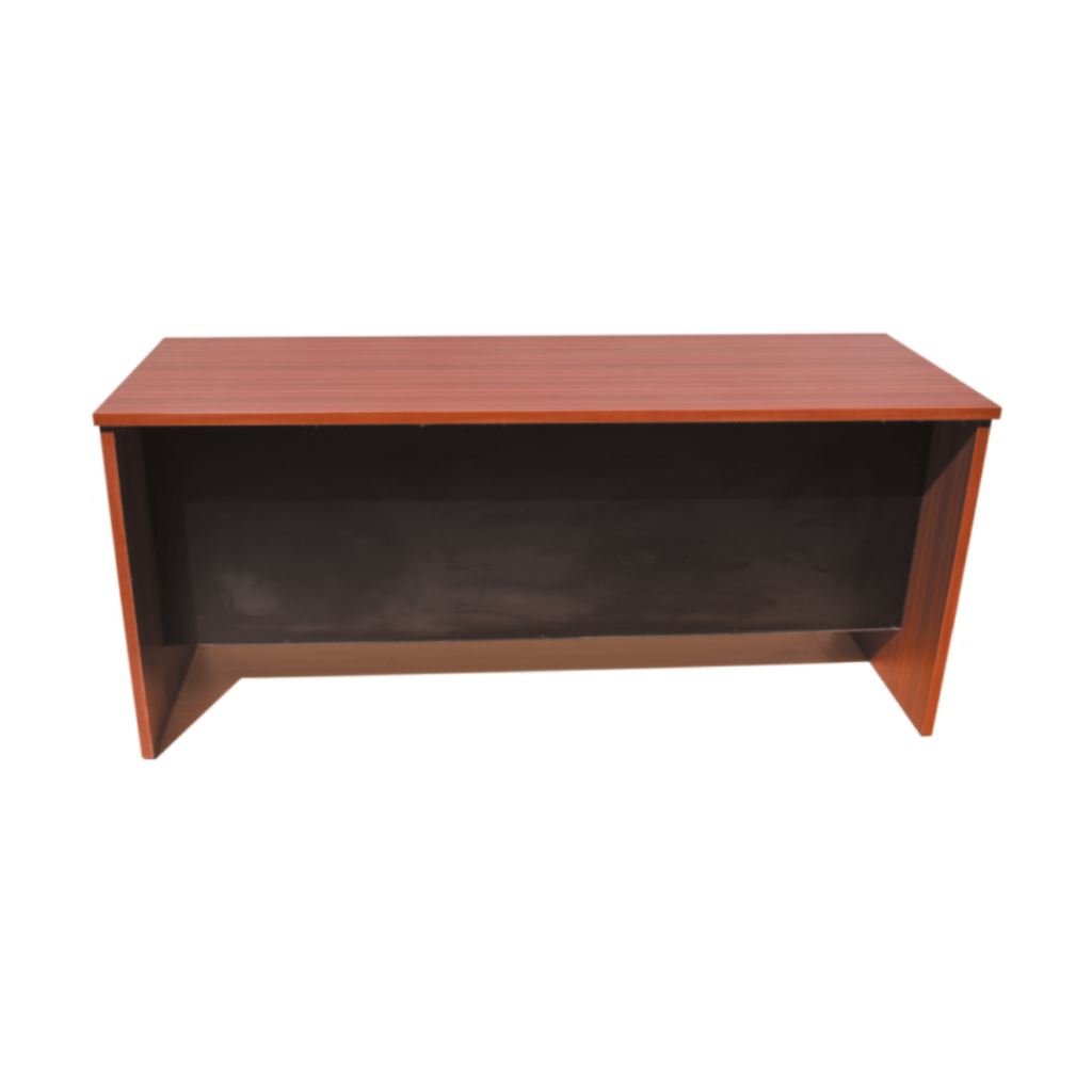 A wooden desk with a black base and a wooden top