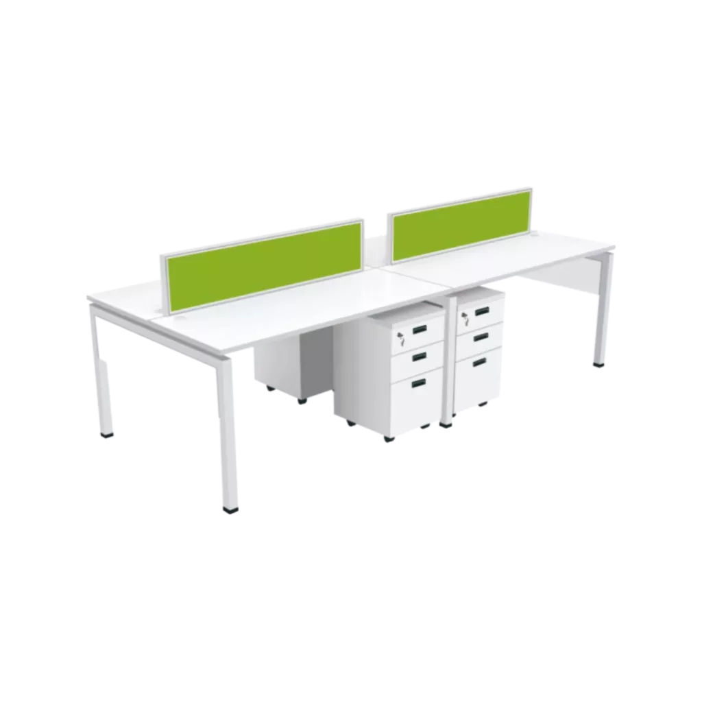 A long white desk with two green partitions and two filing cabinets