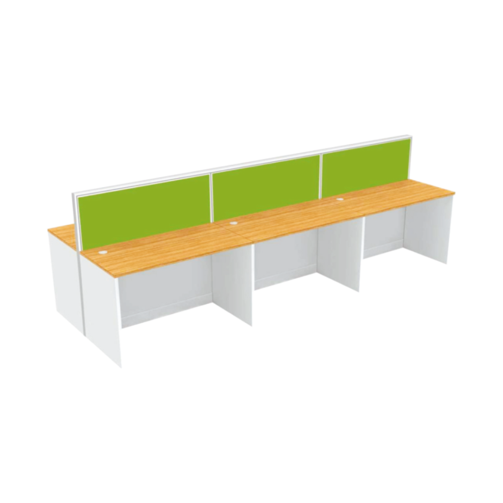 A long wooden desk with green partitions The desk is in a modern office setting and there are other office supplies on the desk