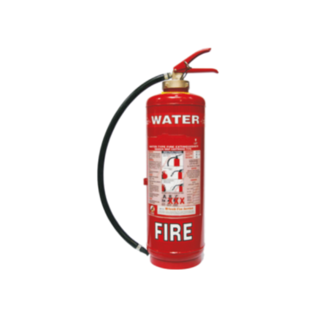 A red fire extinguisher with a black handle