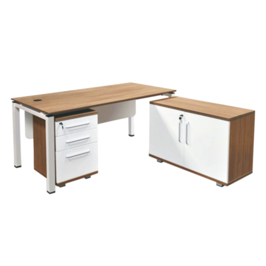 Wood desk with black drawers and cabinet