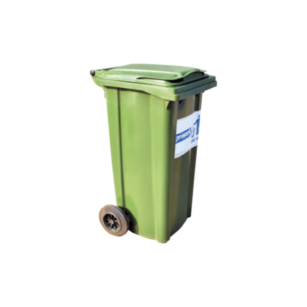 A green trash can with wheels