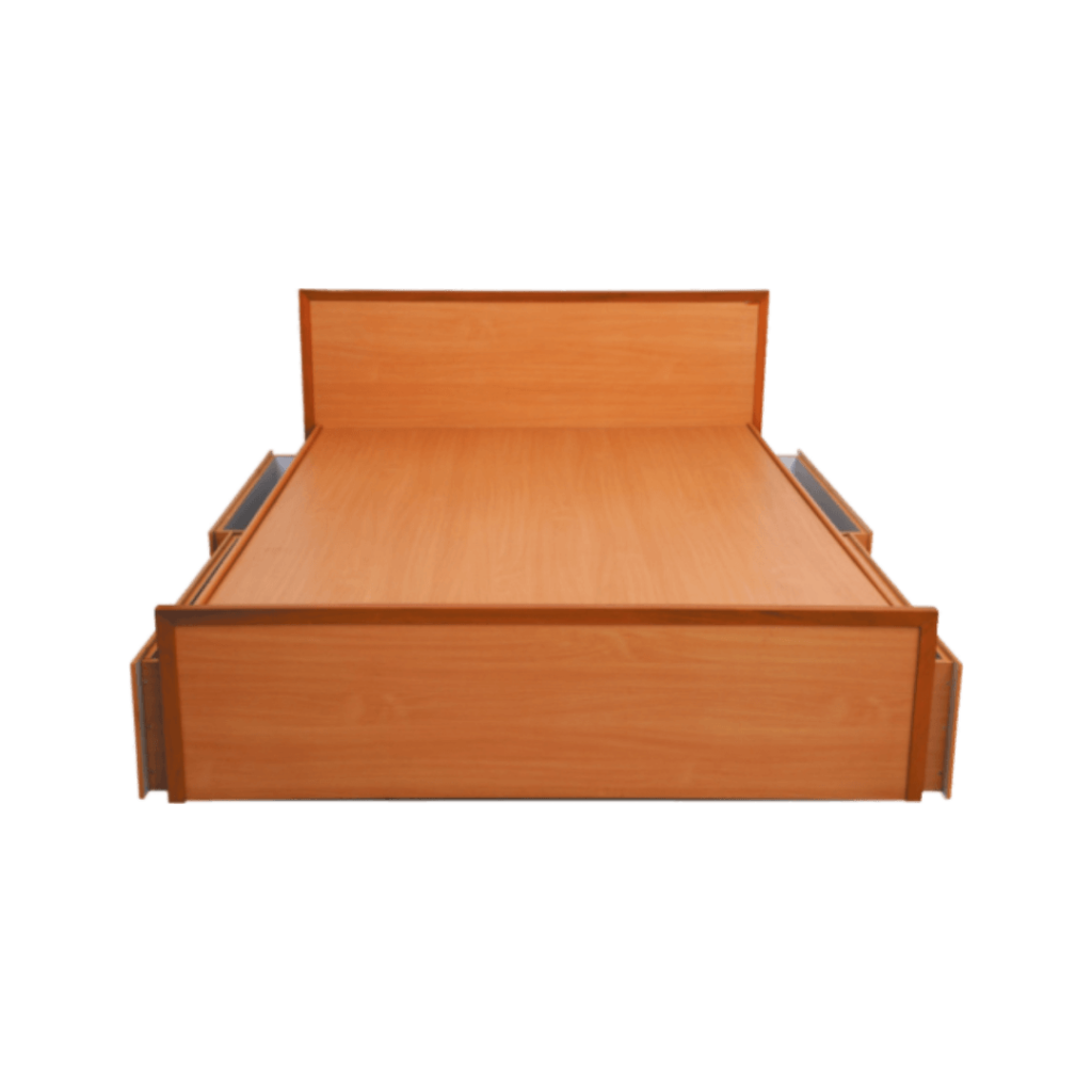Image of a wooden bed with drawers underneath