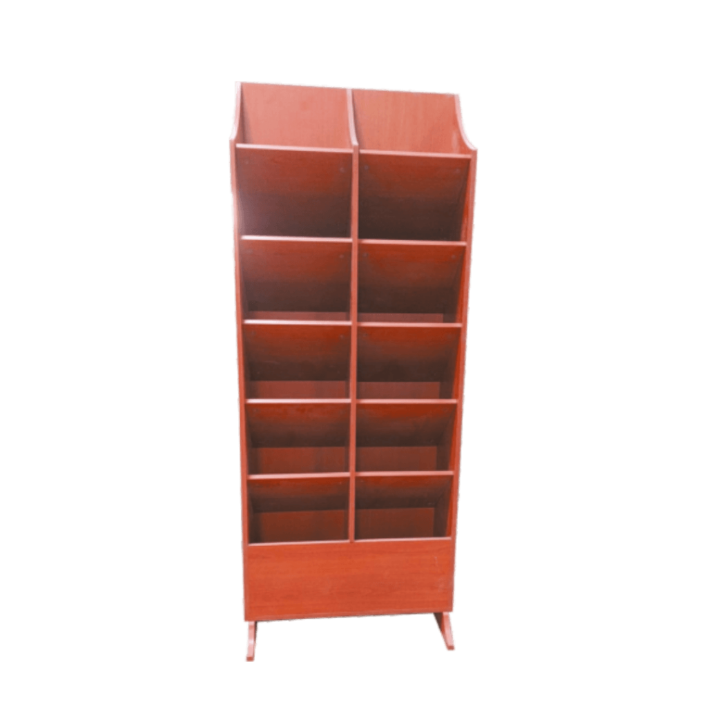 Image of a red bookcase with a black background