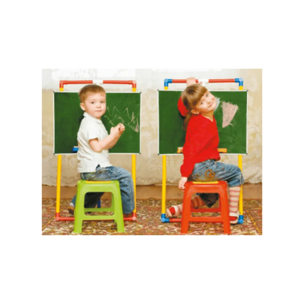 image two kids sitting on stool and draw something on small green chalkboard