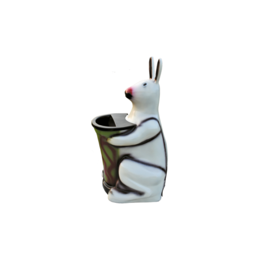 A white rabbit holding a trash can