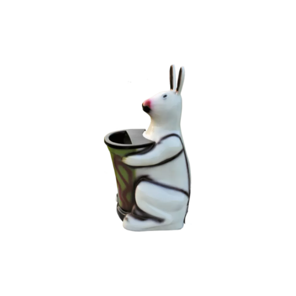 A white rabbit holding a trash can
