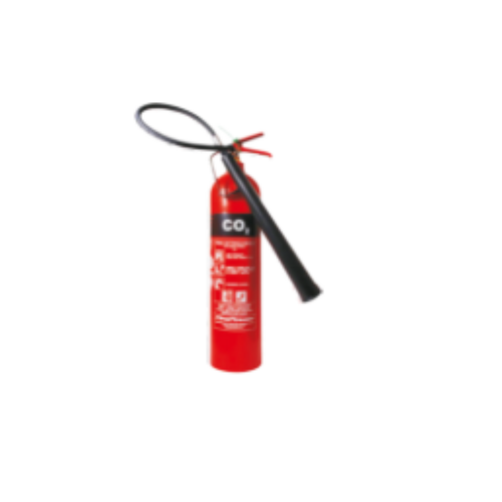 A red fire extinguisher with a black handle with the text "CO" visible.