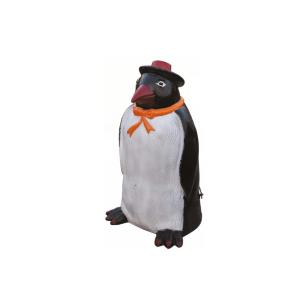A cartoon penguin wearing a hat and bow tie
