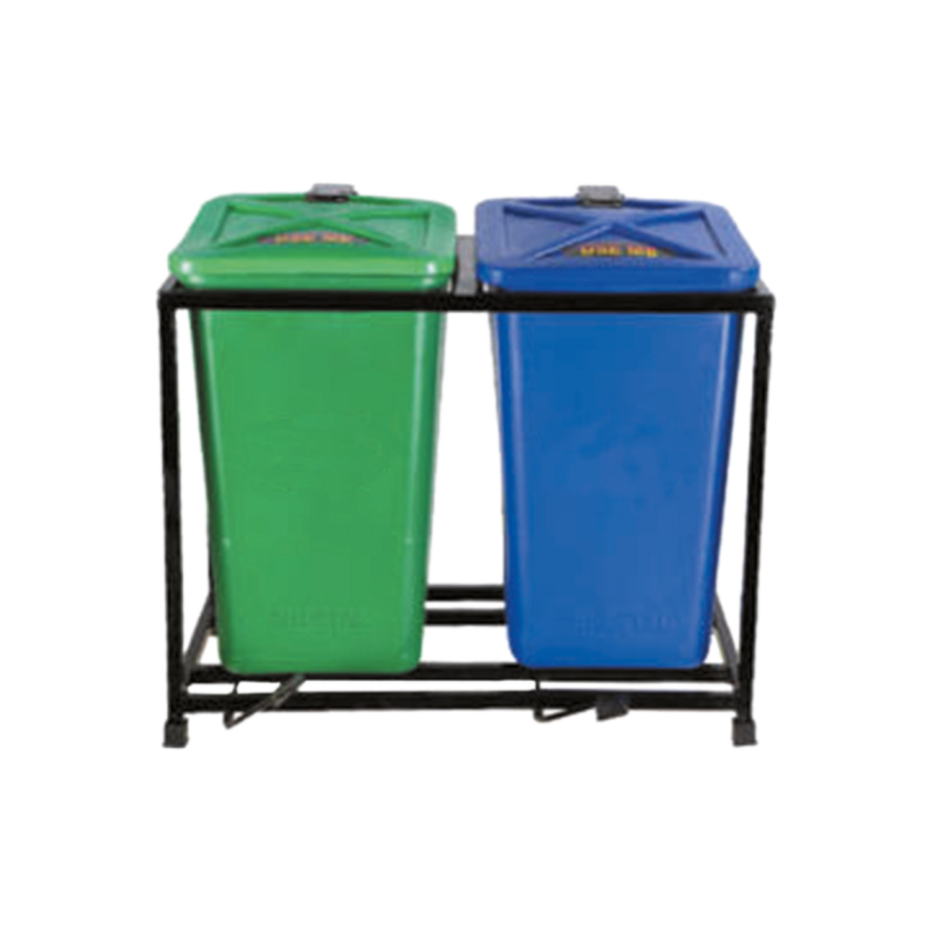 A green and blue trash can on a metal rack.