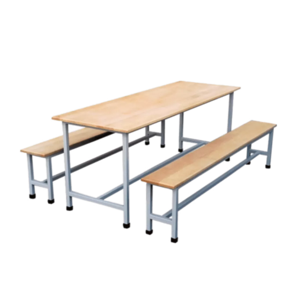 image of a wooden table with two benches next to it