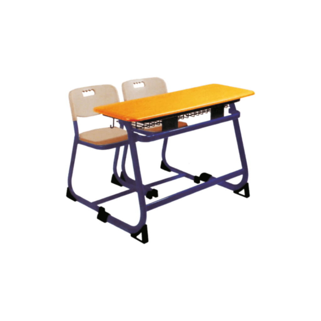 An image of a school desk and two chairs