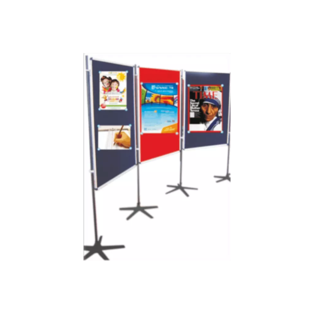 image of a row of posters on display stands on a white background.