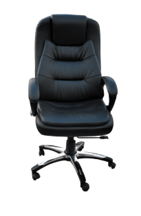 A black leather office chair with wheels