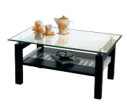 A glass coffee table with two cups and a teapot on it. The table is sitting on a wooden floor.