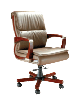 A tan leather office chair with wooden armrests and wheels