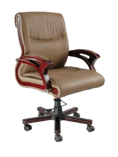 A tan leather office chair with wooden handles and wheels