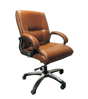 A brown leather office chair with armrests