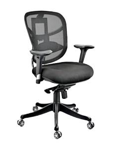 An office chair with a mesh back and armrests