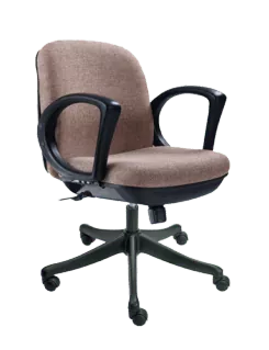 A black office chair with armrests and wheels,