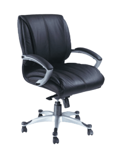 A black office chair with armrests, sitting on a black surface.