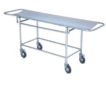 Image of a stainless steel stretcher with black wheels