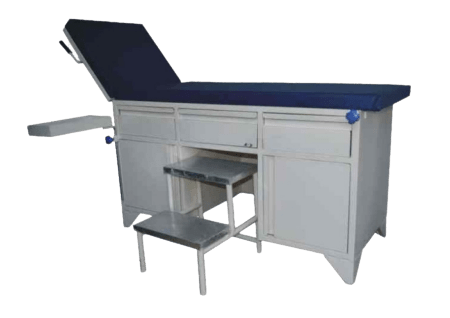 Image of a white patient examination table with a blue top and stairs