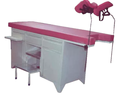 Image of a pink mattress and white patient examination table with a stairs