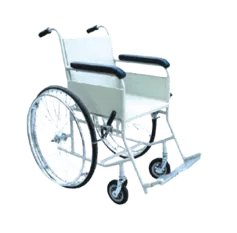 Image of a white wheelchair with black handles and wheels