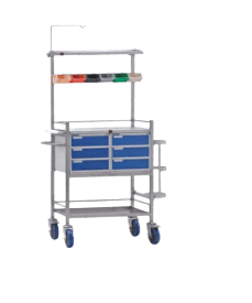 Image of a medical cart with drawers and a light