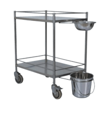 Image of a stainless steel cart with a bucket and a bowl