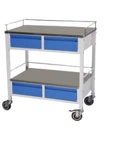 Image of a cart with three shelves and three drawers.